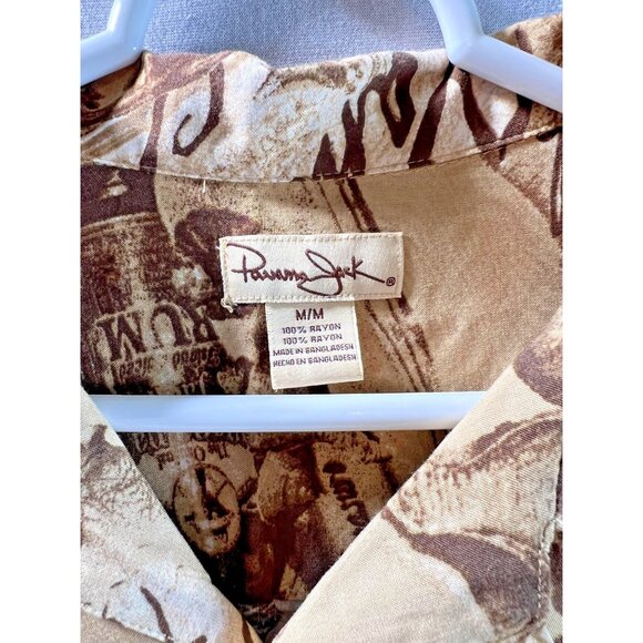 VINTAGE Panama Jack Shirt Mens Medium Hawaiian Button Up TAN BROWN Beach Casual - Picture 3 of 8